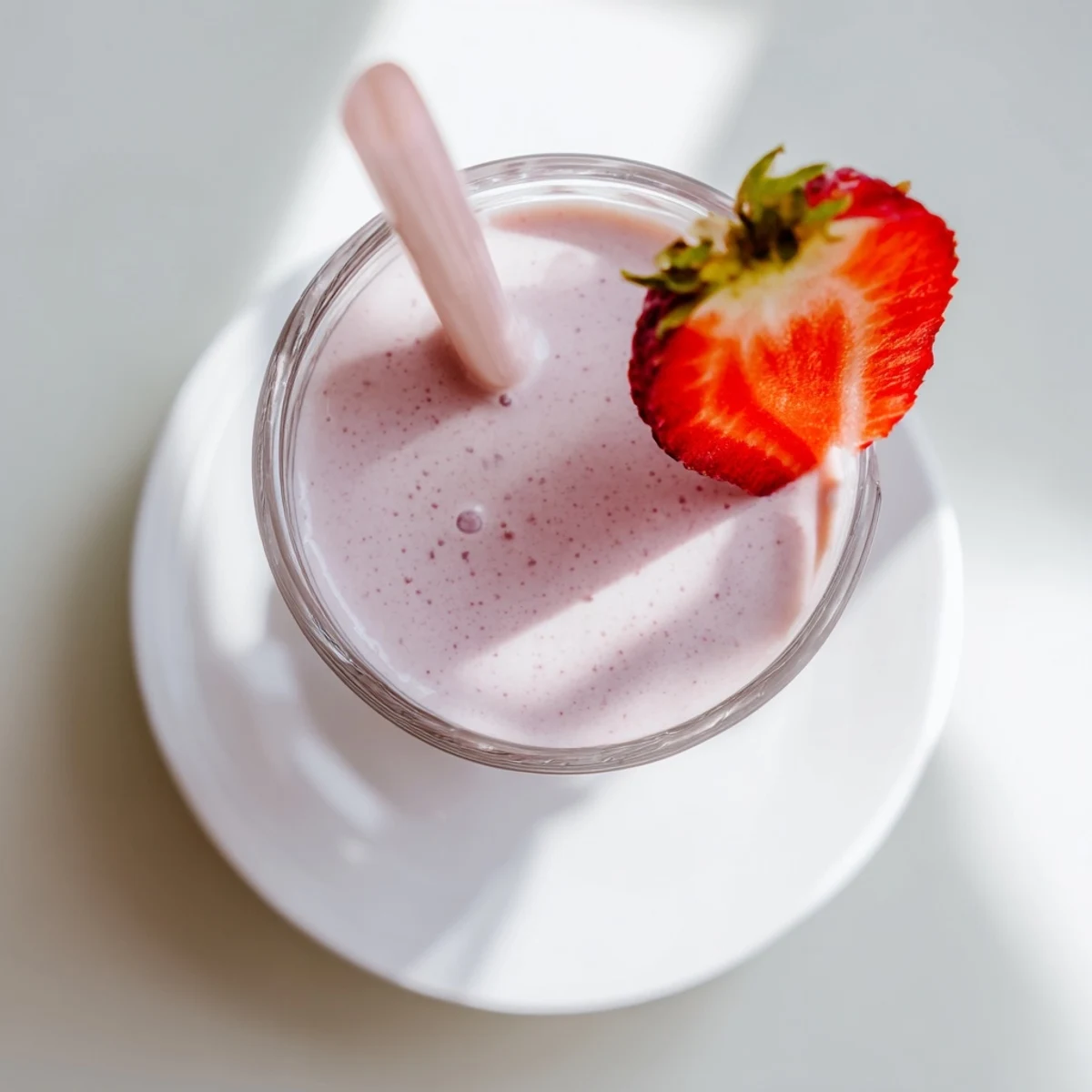 Thick creamy strawberry smoothie with Greek yogurt poured into a glass topped with fresh strawberry slices
