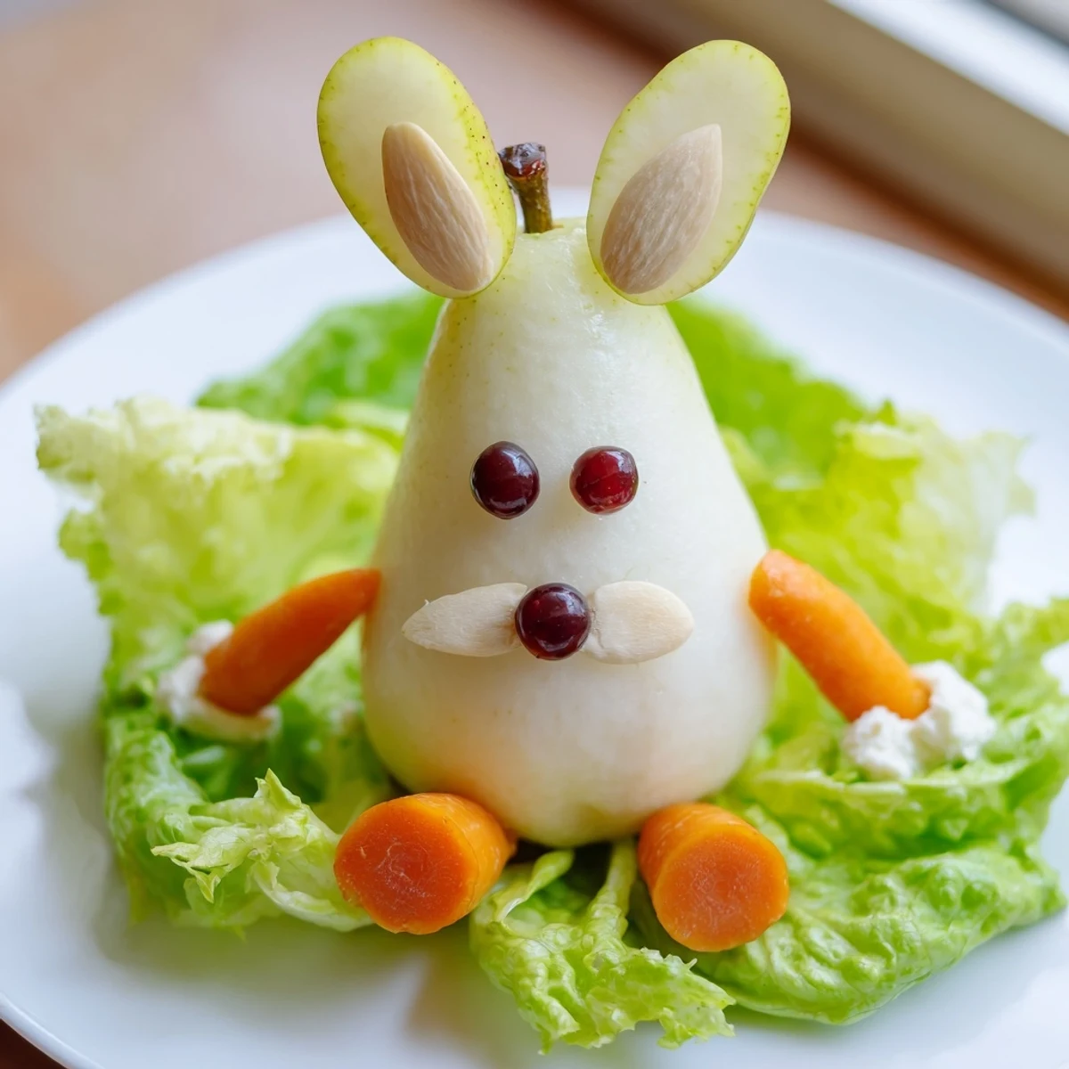 Adorable pear bunny salad arranged on lettuce with cottage cheese tails and fruit decorations