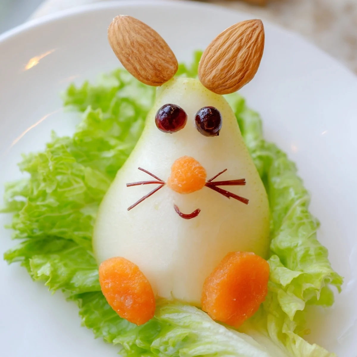 Whimsical Easter pear bunny salad featuring carrot whiskers, almond ears, and cherry noses