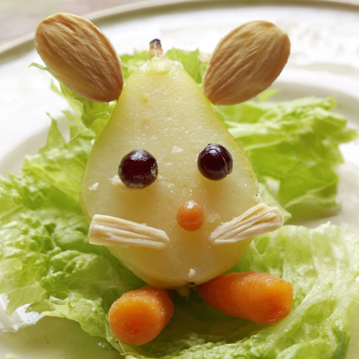 Fresh pear bunny salad served on green lettuce beds with cute raisin eyes and carrot feet