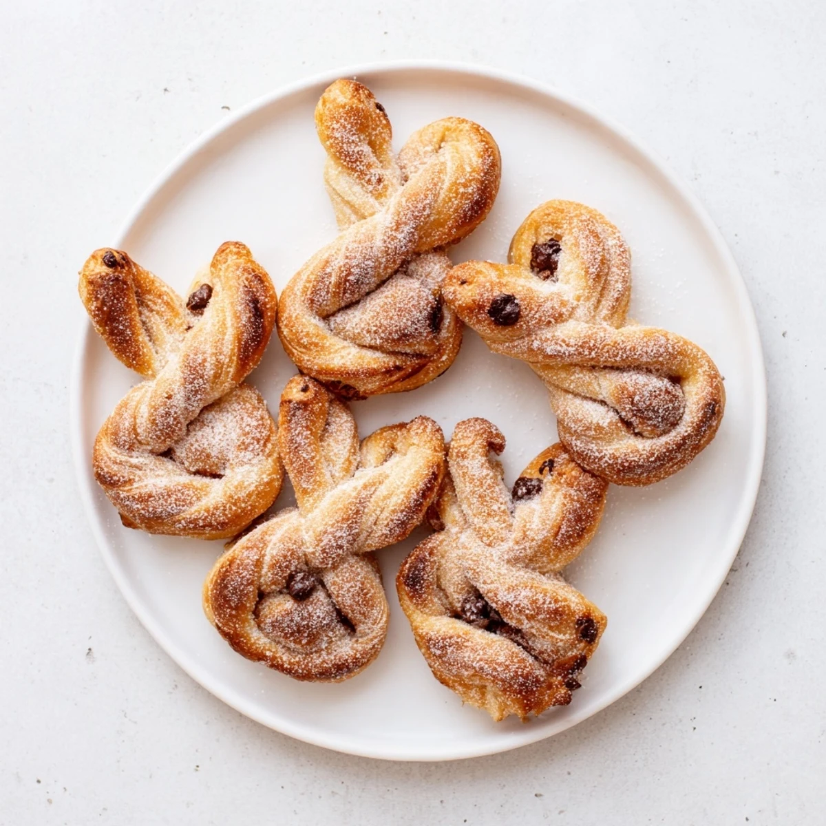 Golden brown cinnamon sugar Easter bunny twists arranged on a white serving plate