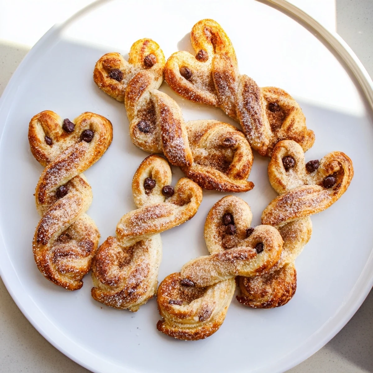 Flaky Easter dessert twists shaped like cute rabbits dusted with powdered sugar