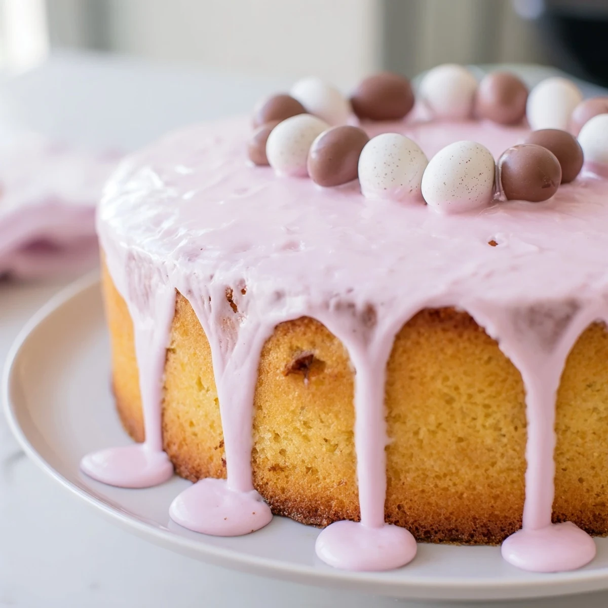 Mini Easter cakes topped with pastel pink icing and colorful mini chocolate eggs on a white plate