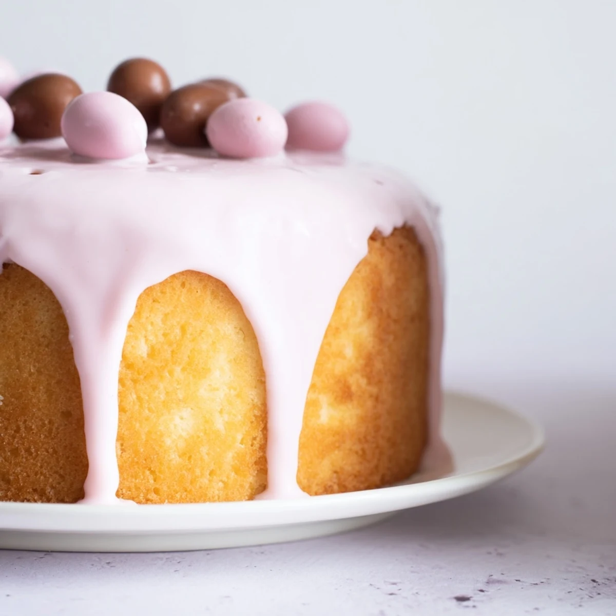 Fluffy sponge mini Easter cakes drizzled with pastel blue and yellow frosting decorated with edible sprinkles