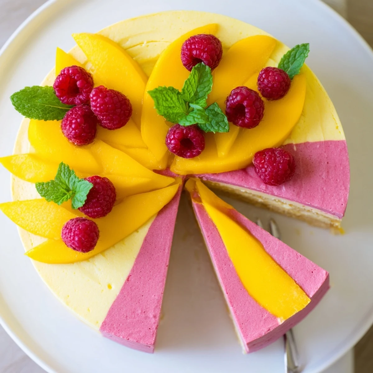 Layered mango raspberry mousse cake featuring fluffy mousse on sponge cake topped with fresh fruit