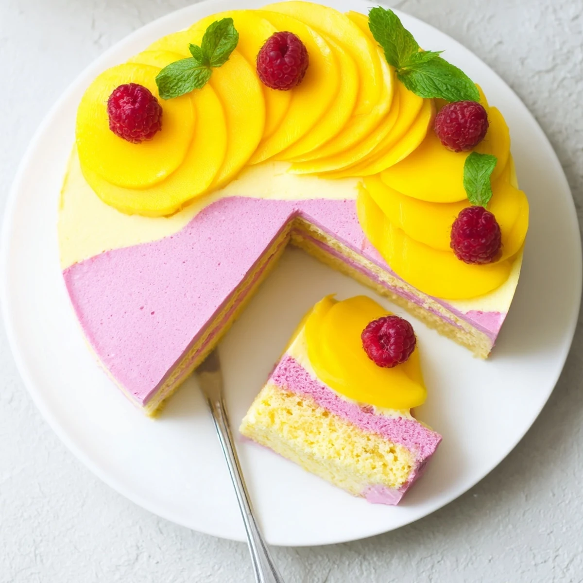 Elegant summer dessert of mango raspberry mousse cake with tropical mango slices and red raspberries