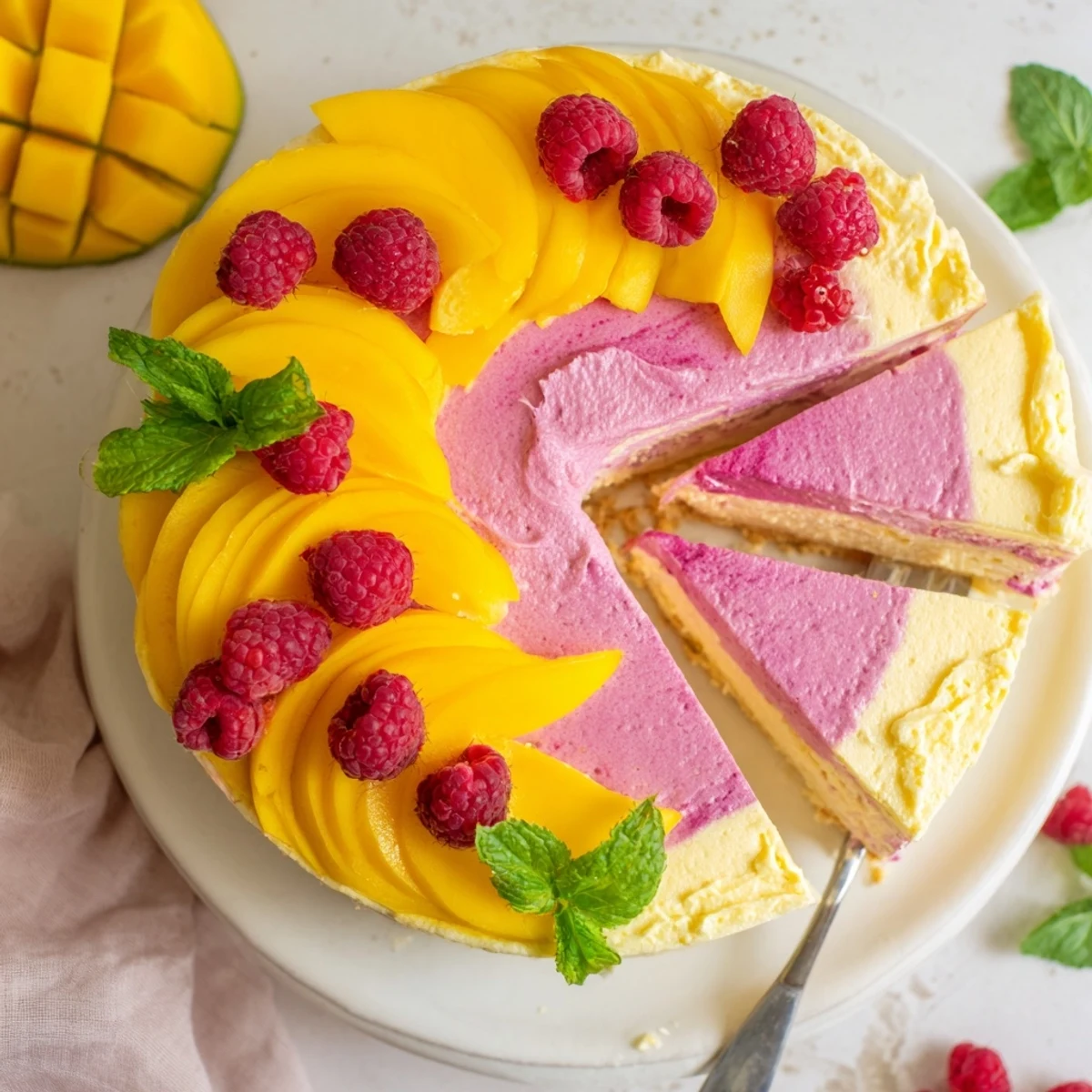 Heavenly mango raspberry mousse cake slice showing vibrant yellow and pink layers with berry garnish