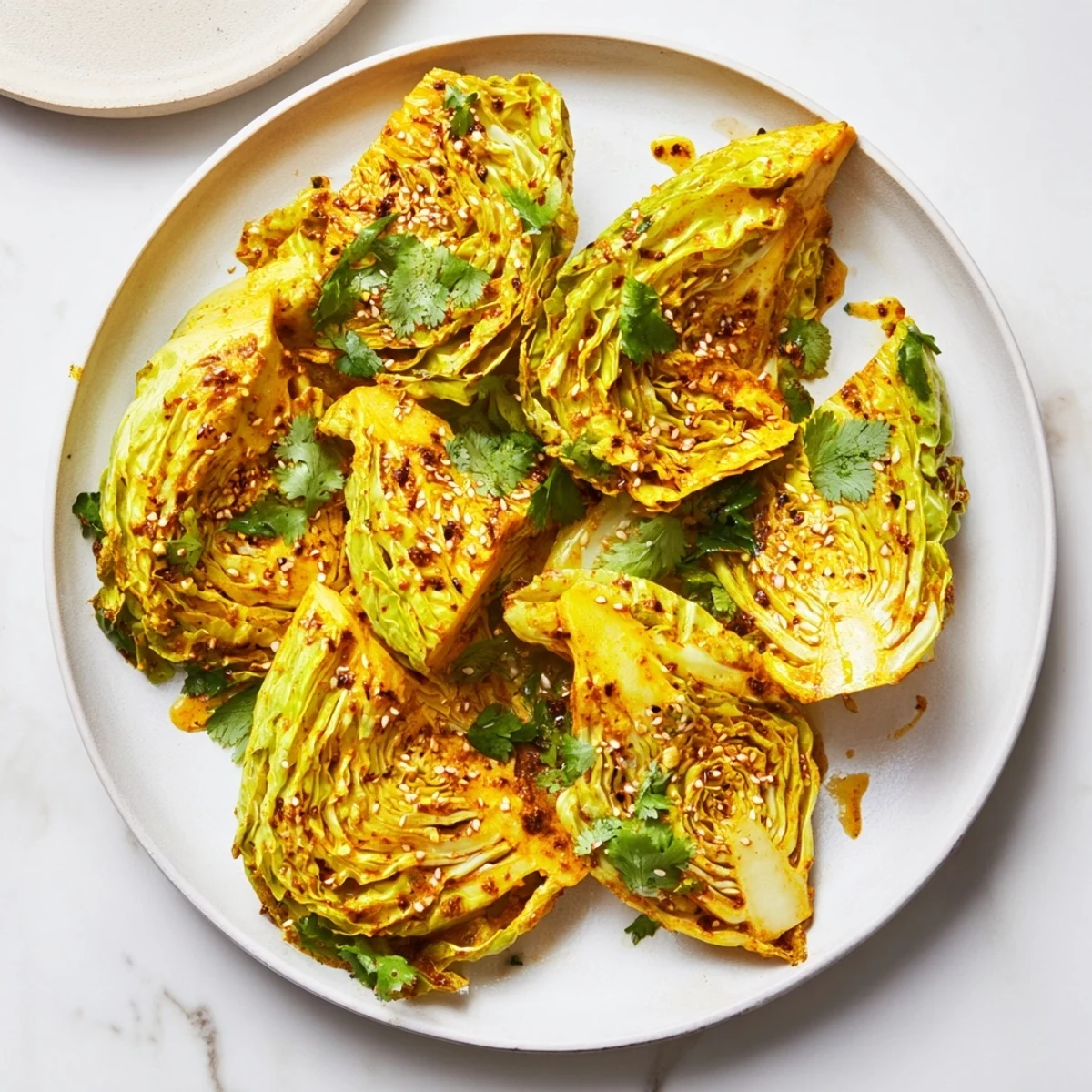 Golden roasted curry cabbage wedges with crispy edges and tender centers on a white baking sheet