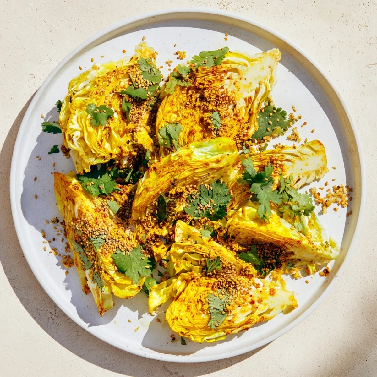 Spice-coated roasted curry cabbage garnished with fresh cilantro and sesame seeds on a rustic platter