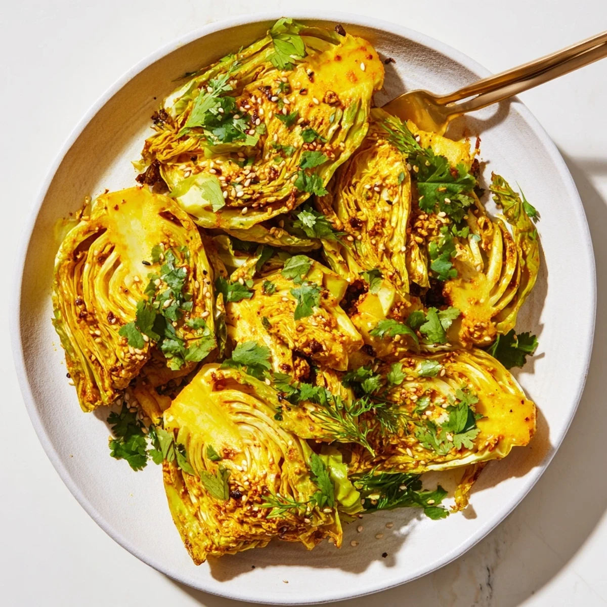 Oven-baked curry cabbage featuring turmeric-seasoned wedges with caramelized edges ready for serving