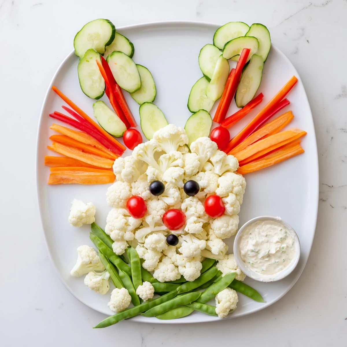Festive Easter bunny veggie tray arranged with fresh cauliflower cucumbers and cherry tomatoes for spring parties