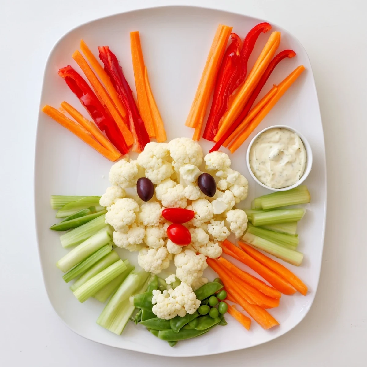 Creative Easter bunny shaped appetizer with crisp vegetables peppers and olives perfect for family gatherings