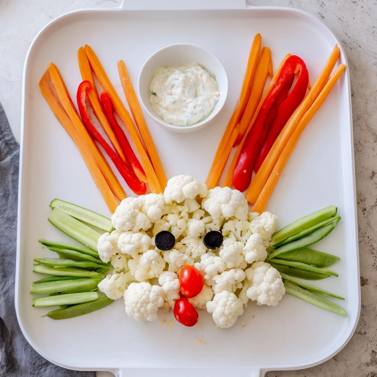Whimsical vegetable platter shaped like a bunny featuring colorful produce ranch dip for healthy holiday snacking