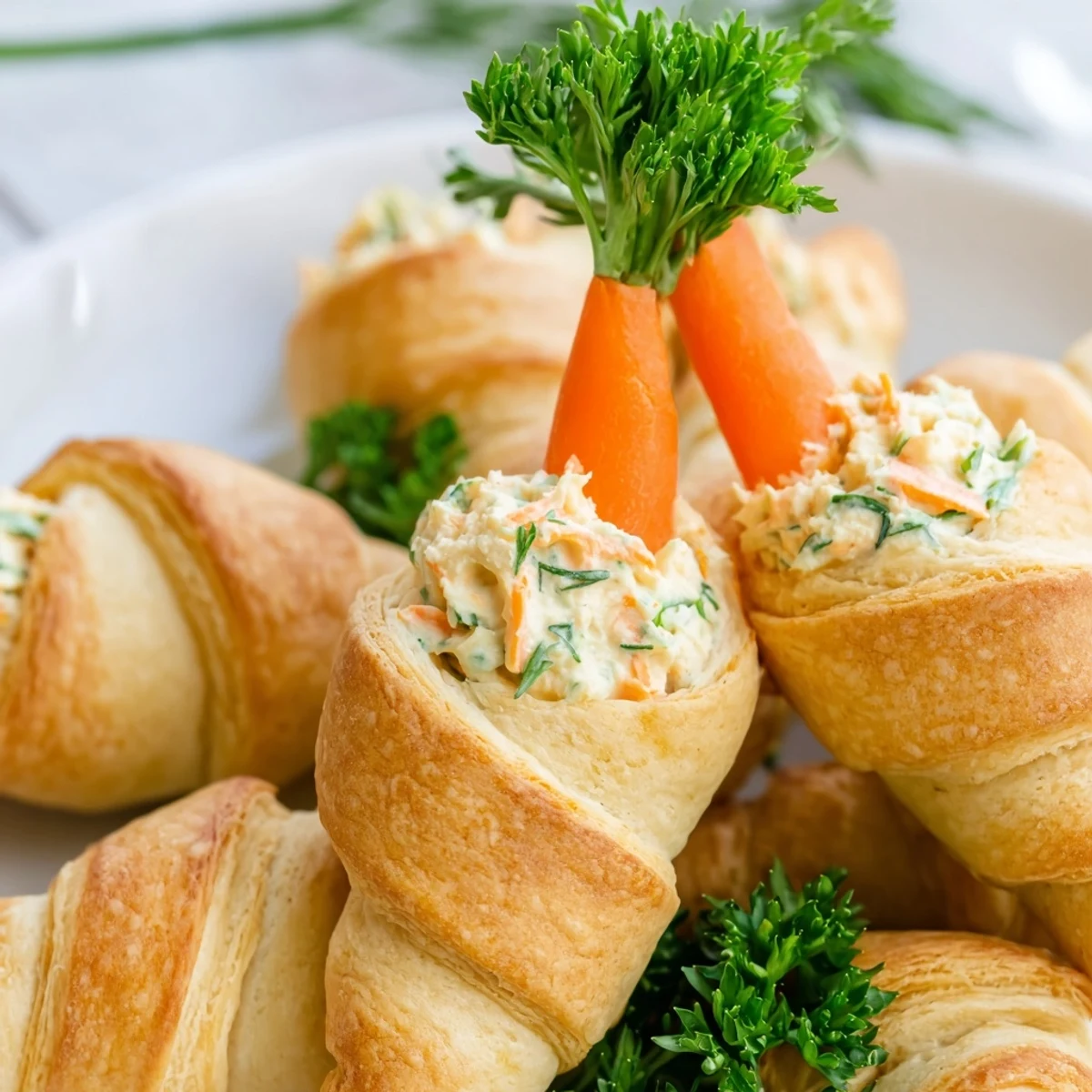 Golden stuffed crescent roll carrots filled with creamy herbed cheese and topped with fresh parsley