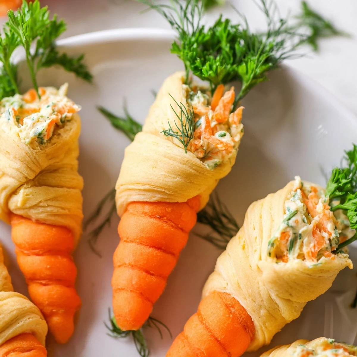 Playful Easter appetizer featuring crescent dough wrapped into carrot shapes with savory cream cheese filling