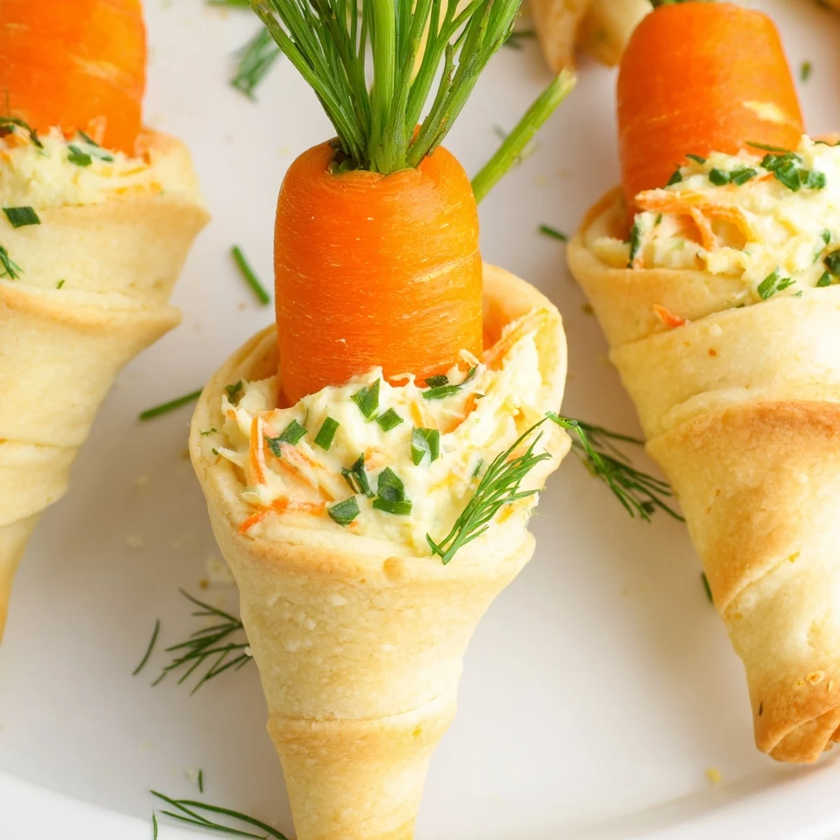 Orange baked pastry carrots piped with herb cream cheese mixture and garnished with green parsley sprigs