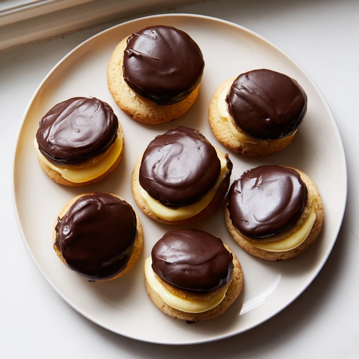Bite-sized Boston Cream Pie cookie sandwiches topped with glossy chocolate glaze on a white plate