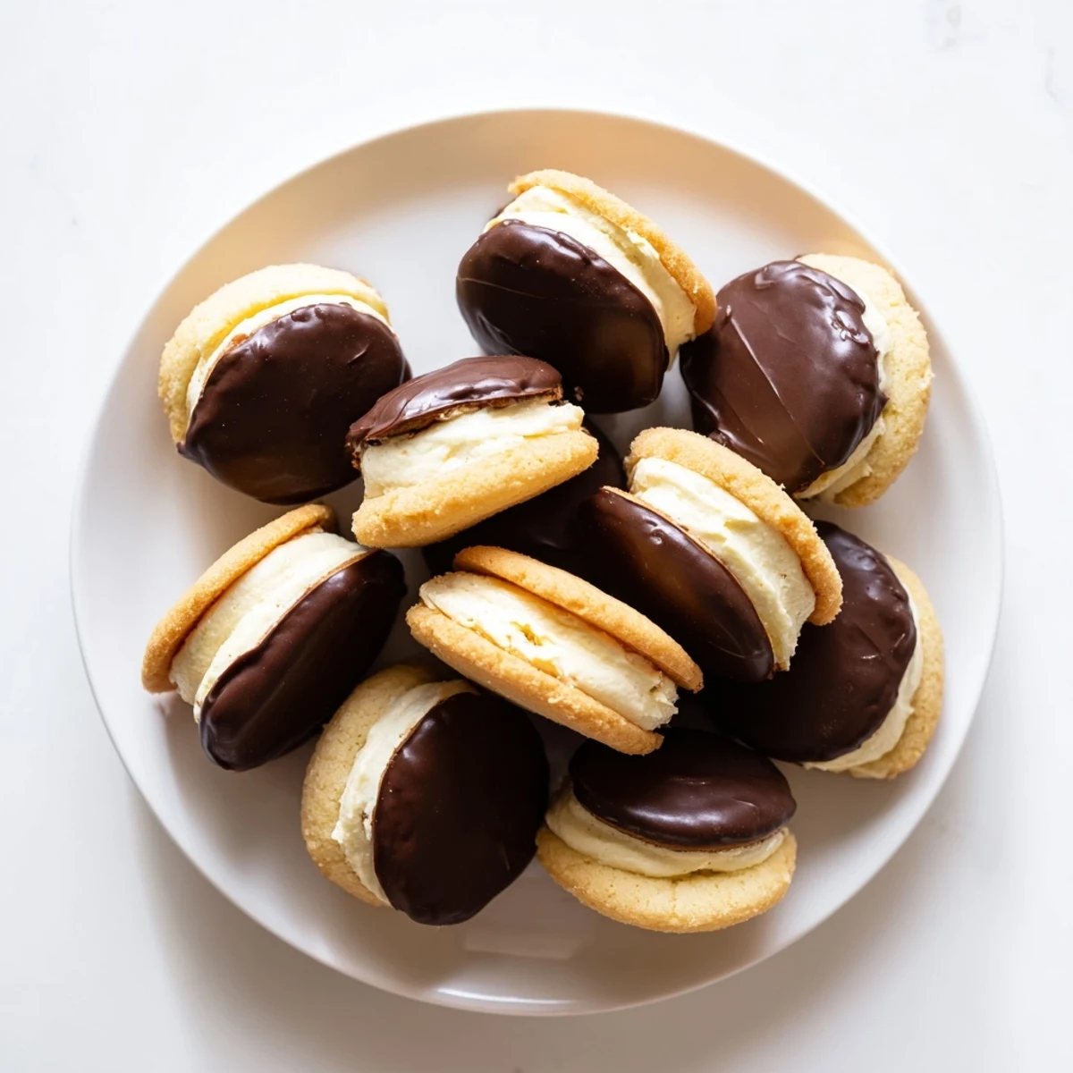 Soft vanilla cookies filled with creamy vanilla custard and dipped in rich semi-sweet chocolate topping