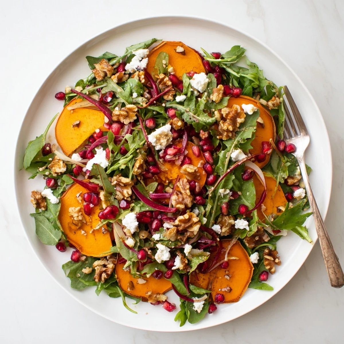 Golden persimmon salad with apple cider vinaigrette showcasing orange fruit slices and peppery greens