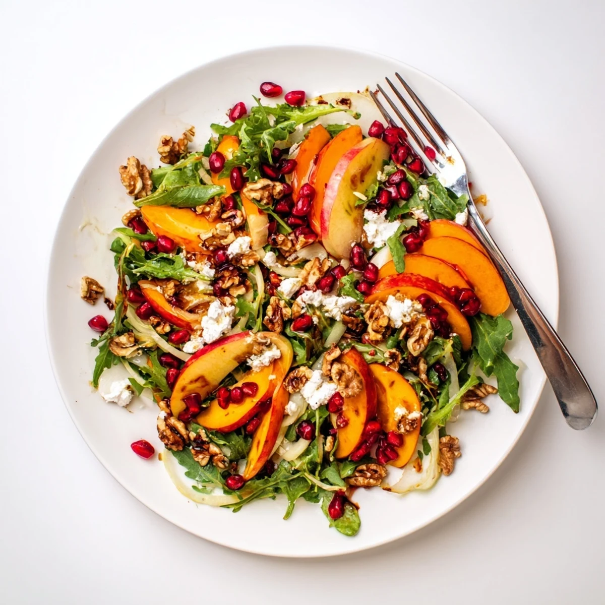 Fresh persimmon salad drizzled with tangy apple cider vinaigrette topped with walnuts and pomegranate