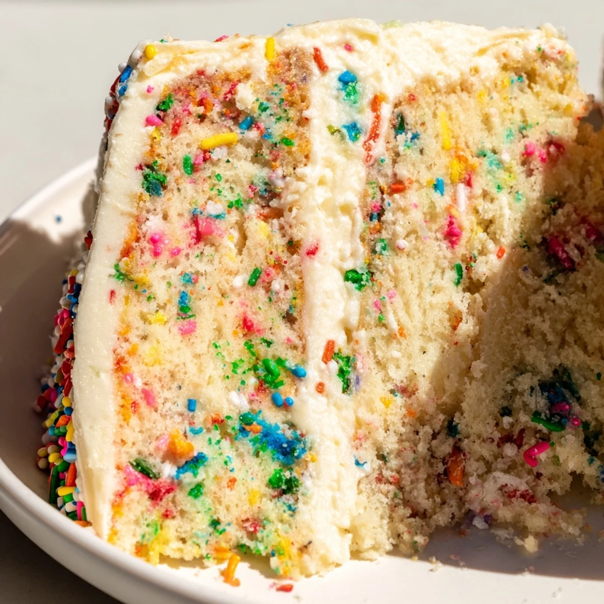 Festive confetti cake with colorful speckles swirled with creamy white buttercream