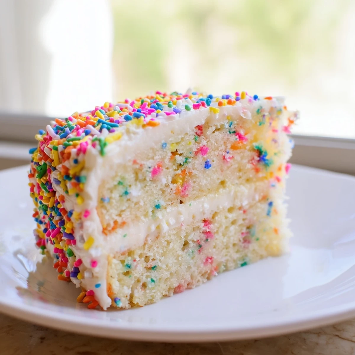 Birthday cake studded with rainbow confetti beneath a thick layer of buttercream