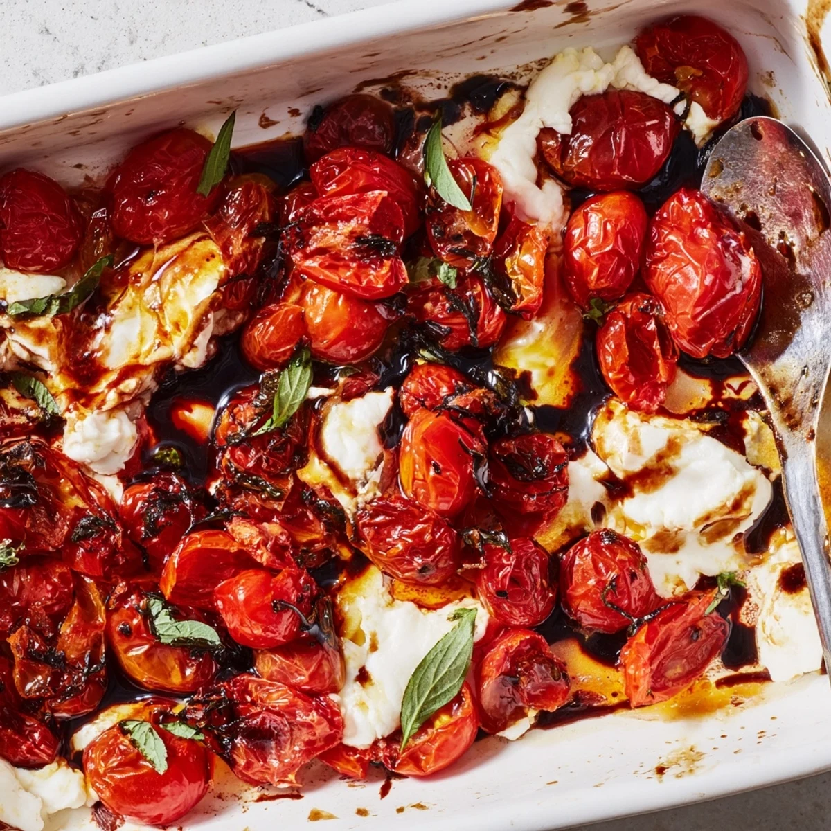 Golden roasted tomato burrata dip with creamy cheese center and fresh basil garnish