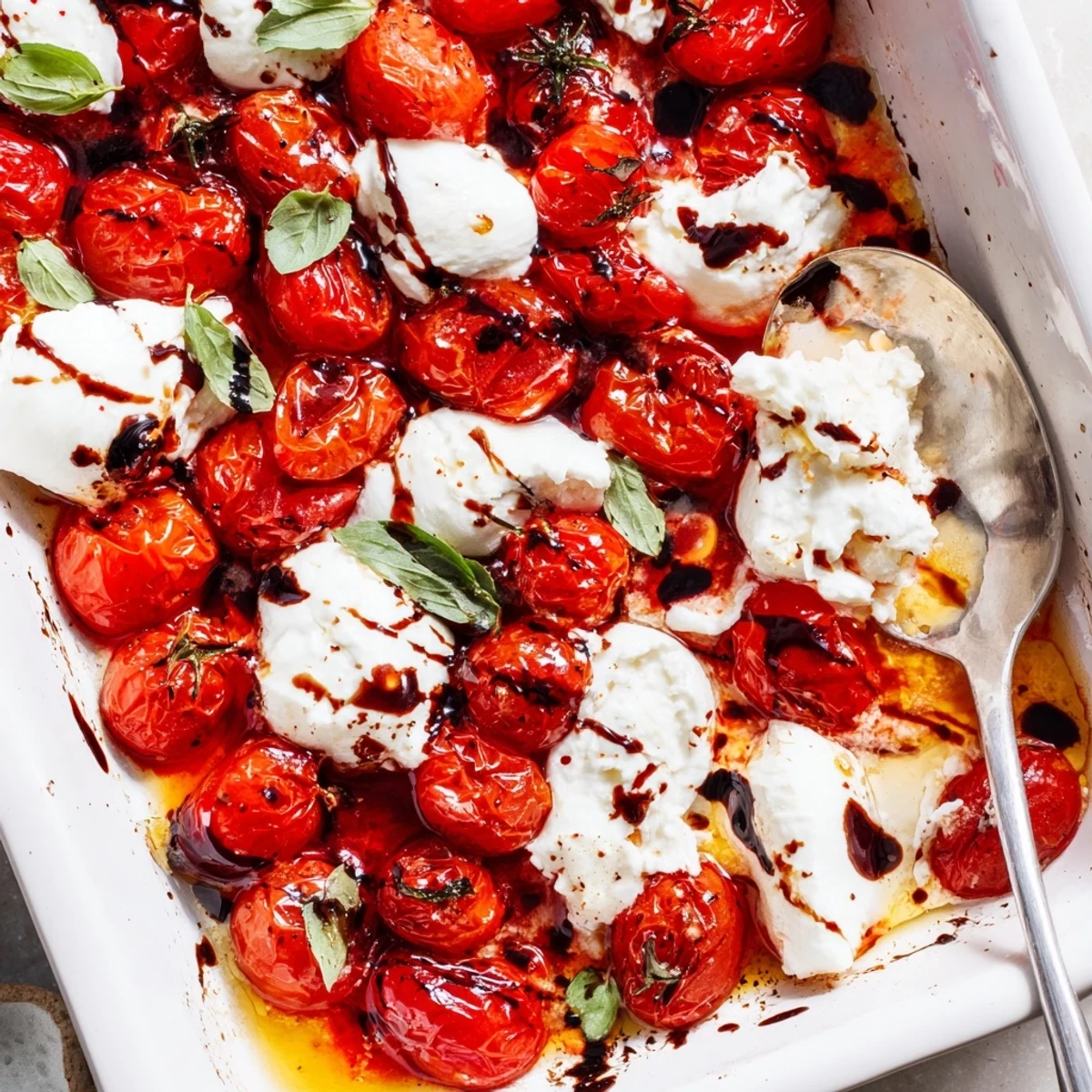 Warm Italian appetizer featuring blistered cherry tomatoes nestled alongside melted burrata cheese
