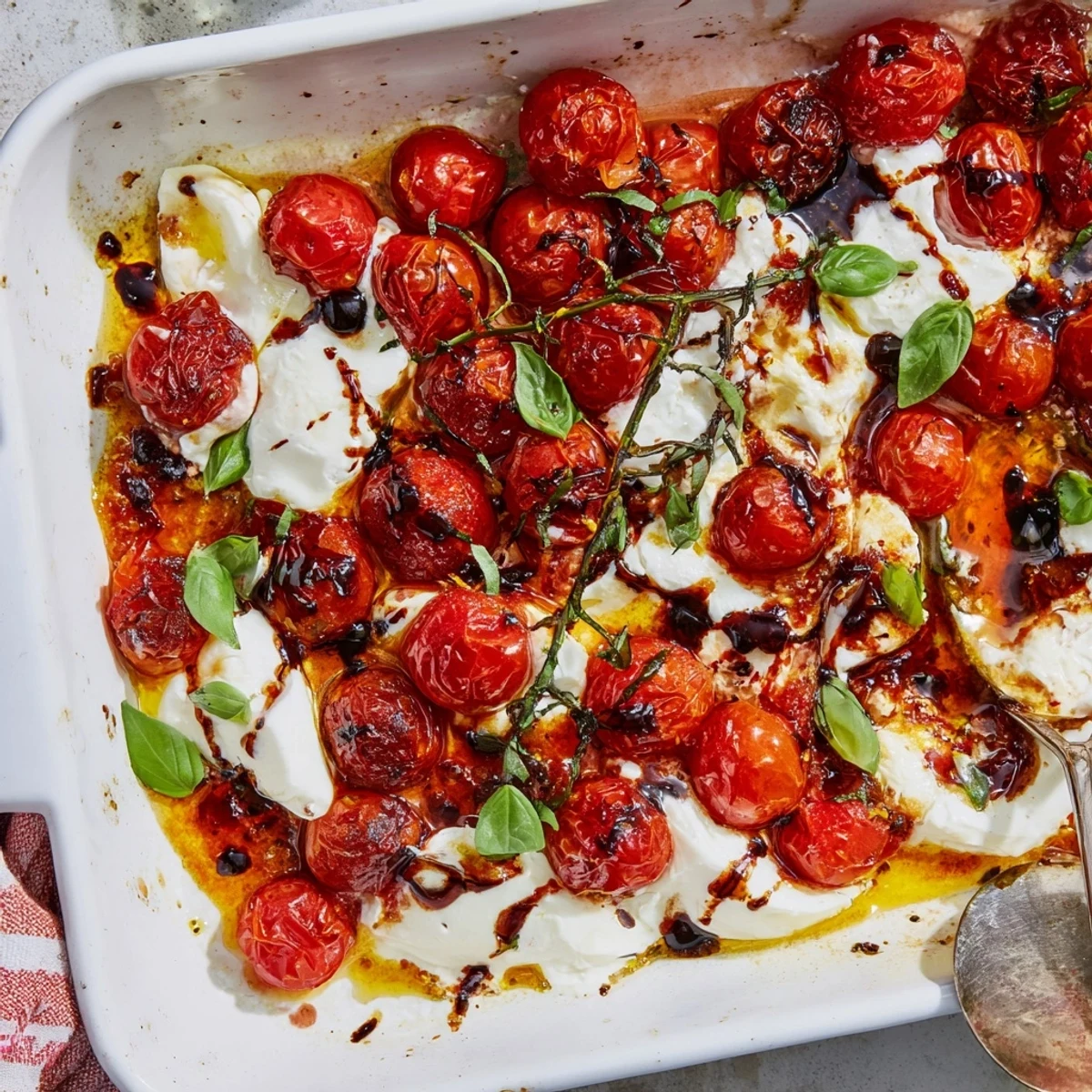 Creamy burrata cheese atop sweet roasted tomatoes drizzled with balsamic glaze and basil