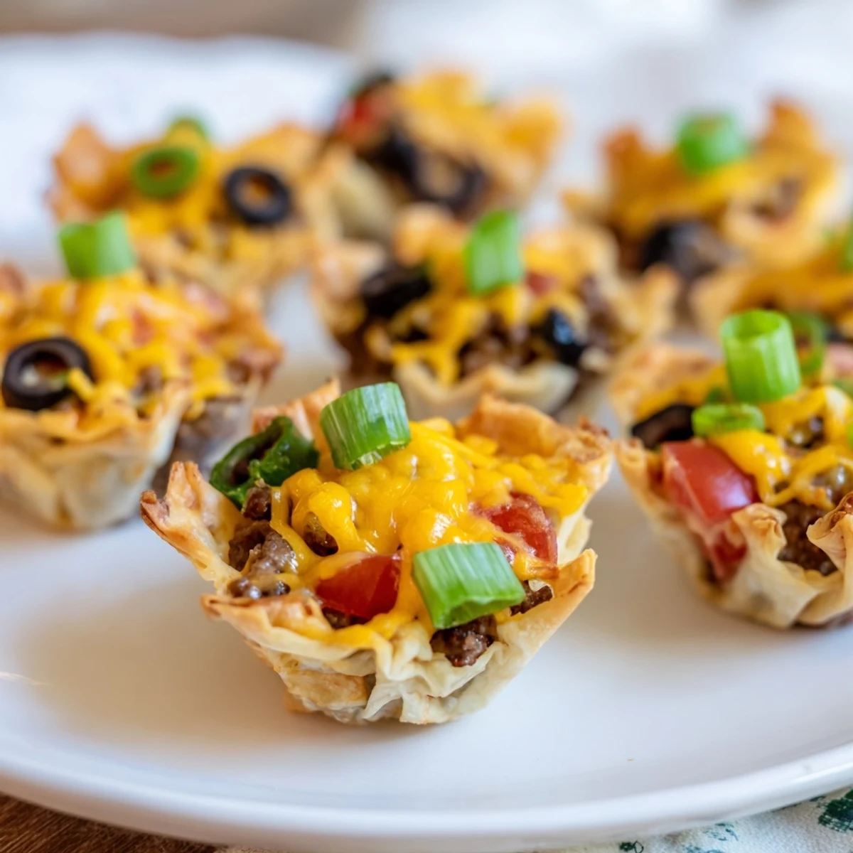 Crispy phyllo cups filled with seasoned beef ranch mixture garnished with diced tomatoes and black olives