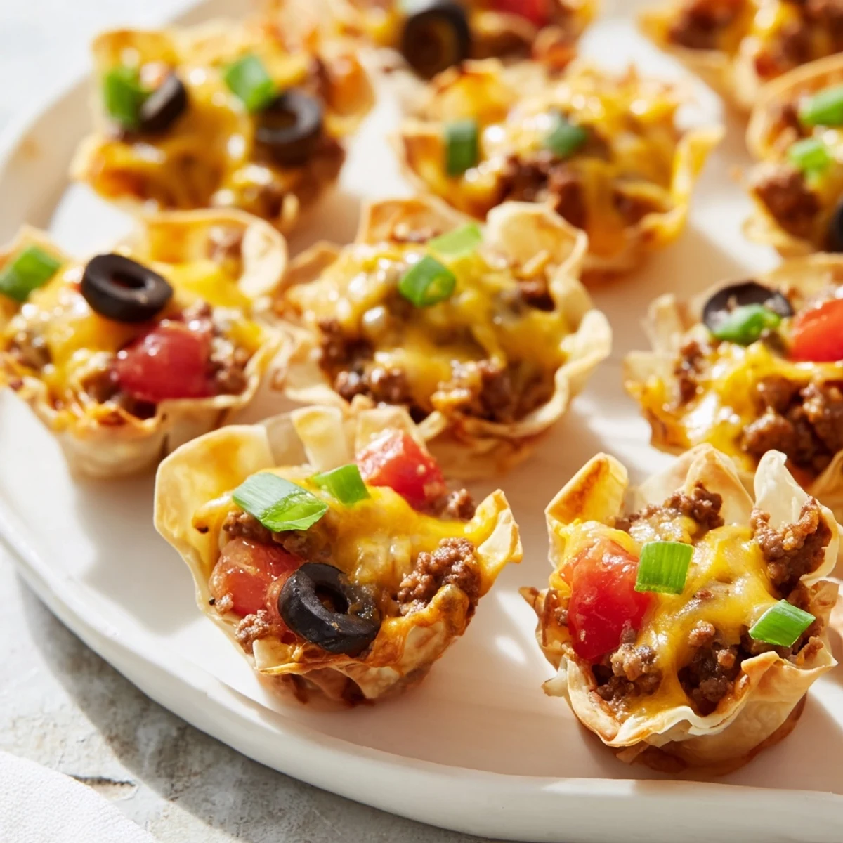 Golden brown Taco Ranch Bites topped with melted cheddar and fresh green onions on a white serving platter