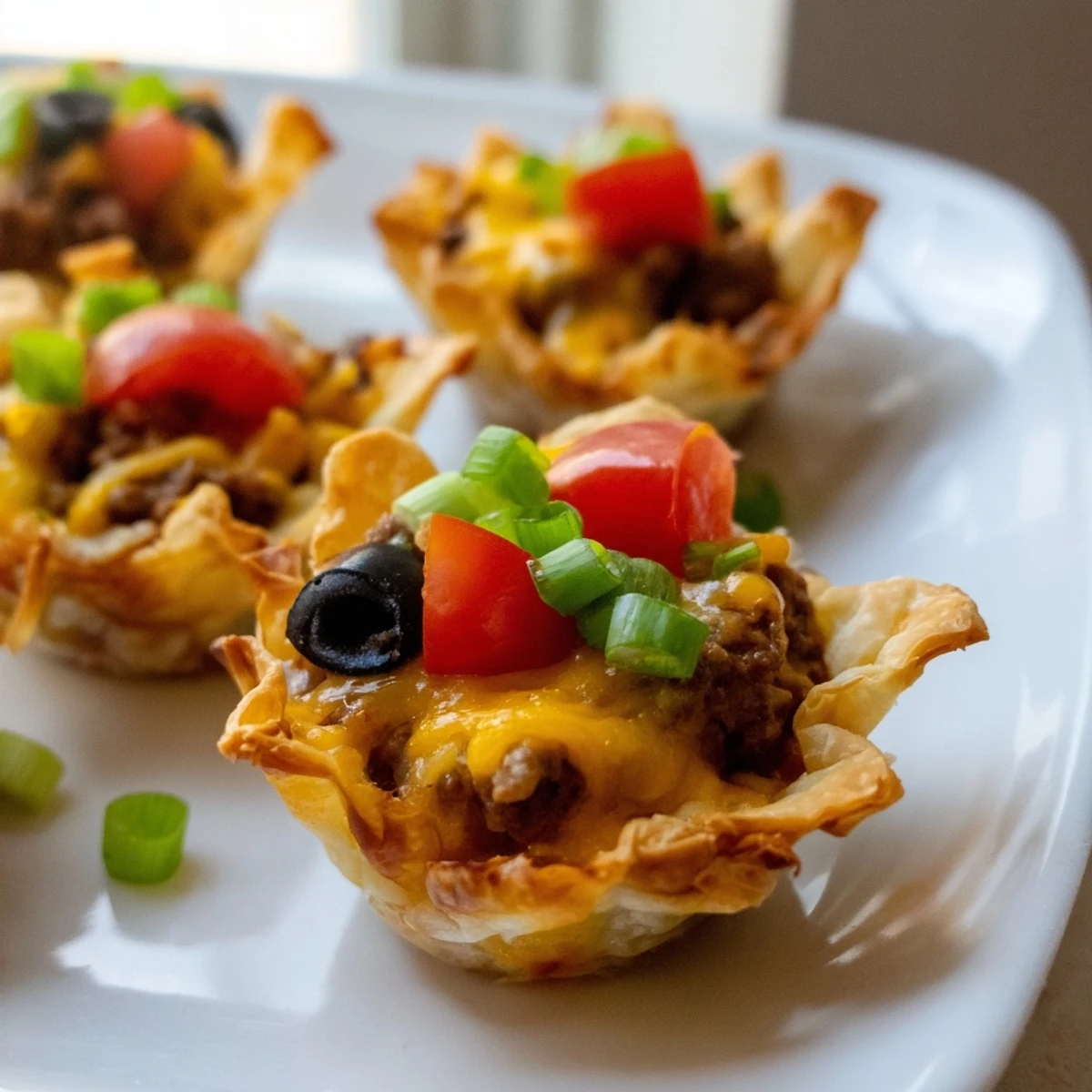Baked Tex-Mex appetizer featuring cheesy ground beef and creamy ranch in bite-sized shells ready for party serving