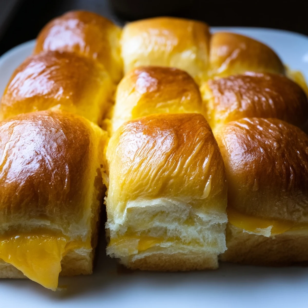 Golden brown mini grilled cheese Hawaiian rolls with melted cheddar cheese on a baking sheet