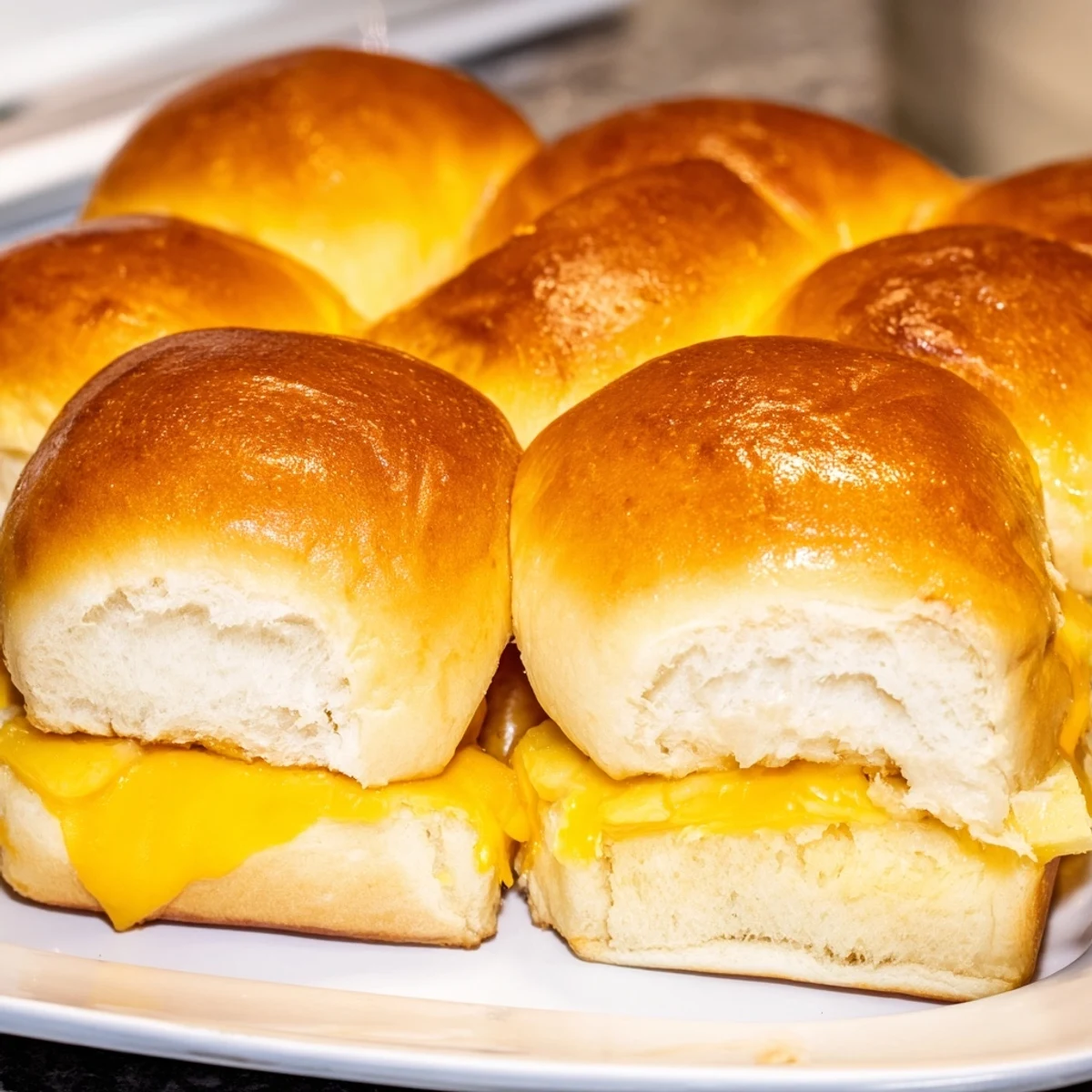 Sweet Hawaiian roll sliders stuffed with gooey cheese and brushed with melted butter