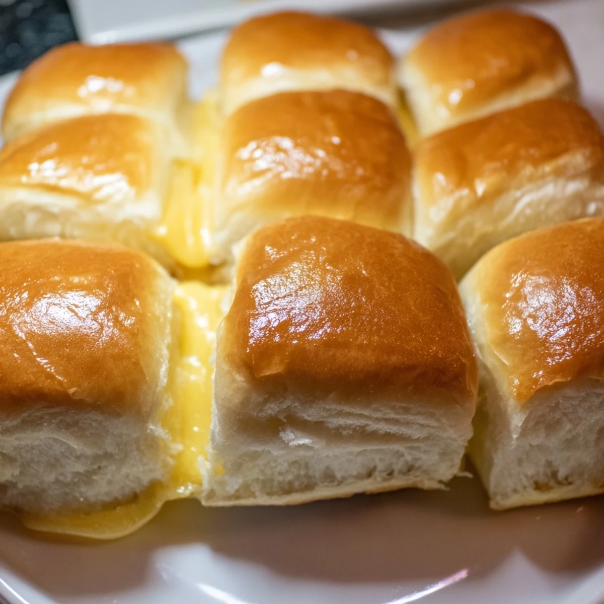 Batch of twelve bite-sized Hawaiian roll grilled cheese sandwiches with crispy golden tops