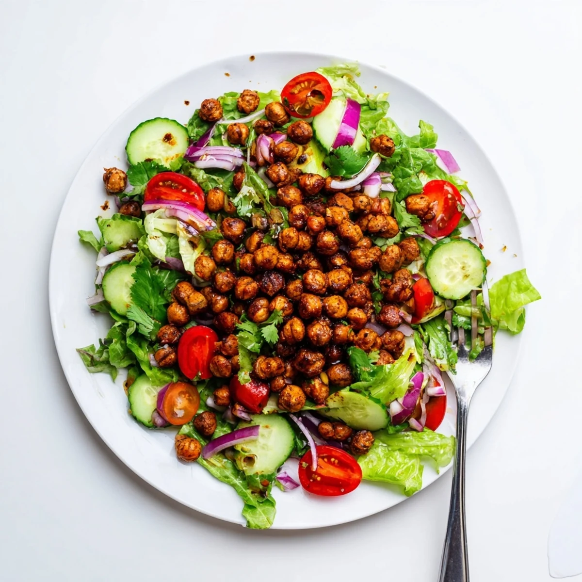 Vibrant crispy chili lime chickpea salad featuring crunchy roasted legumes, juicy tomatoes, cucumber, and tangy lime dressing