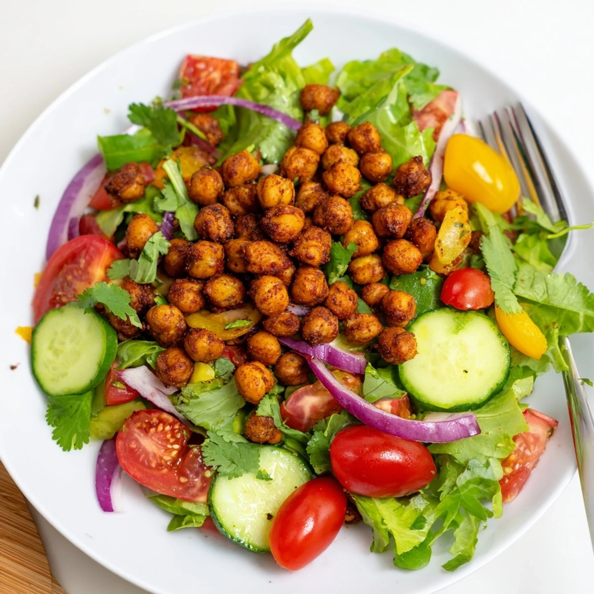 Golden roasted chickpeas seasoned with chili and lime atop a bed of fresh mixed greens and colorful vegetables