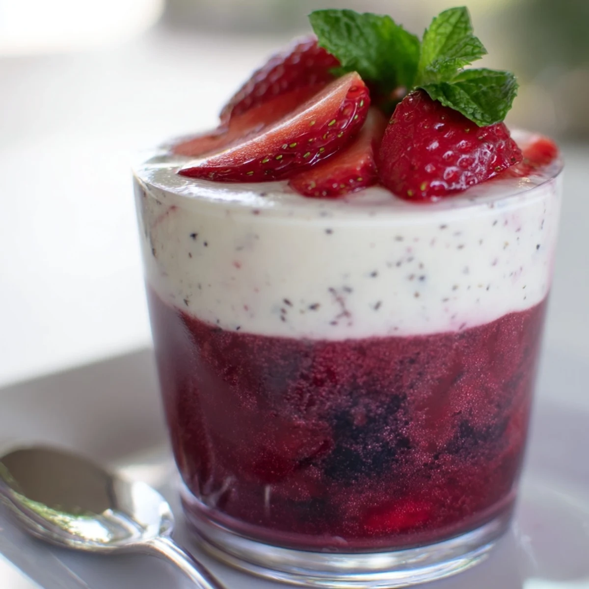 Glass serving dish displaying vanilla mousse berry jello with fresh strawberry and mint garnish