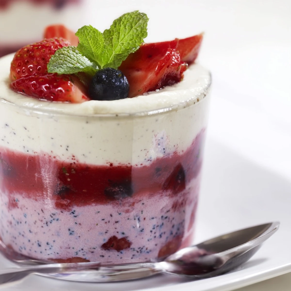Close-up of vanilla mousse berry jello in clear glass with whipped cream and blueberry topping