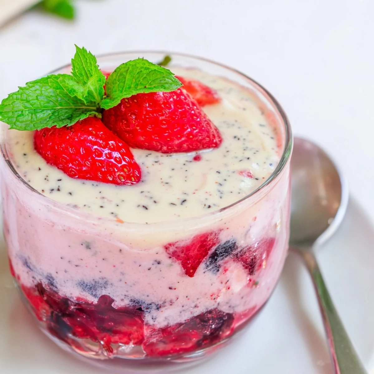 Layered vanilla mousse berry jello dessert showing creamy white top over vibrant red berry gelatin