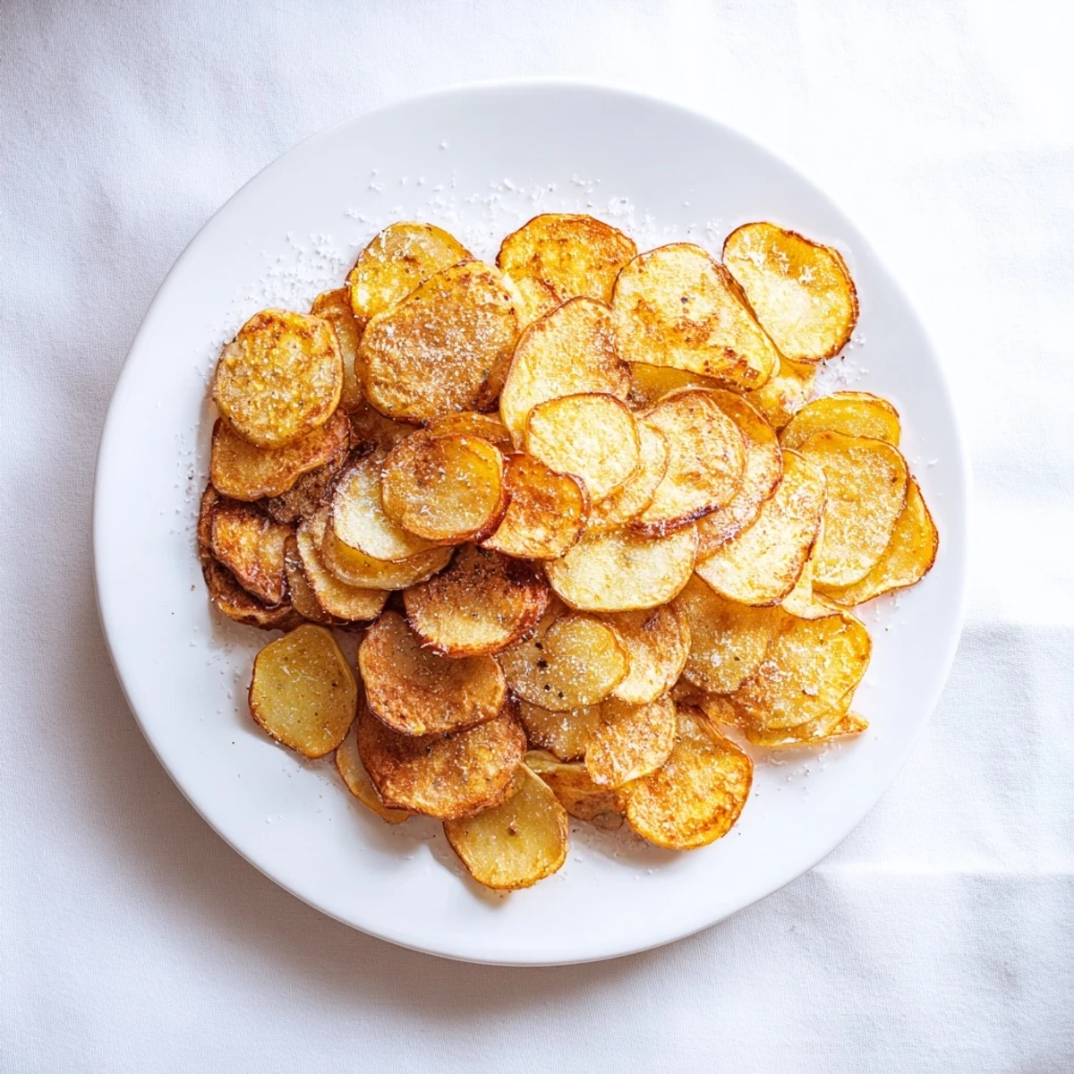 Golden crispy homemade potato chips arranged on a white platter with salt crystals
