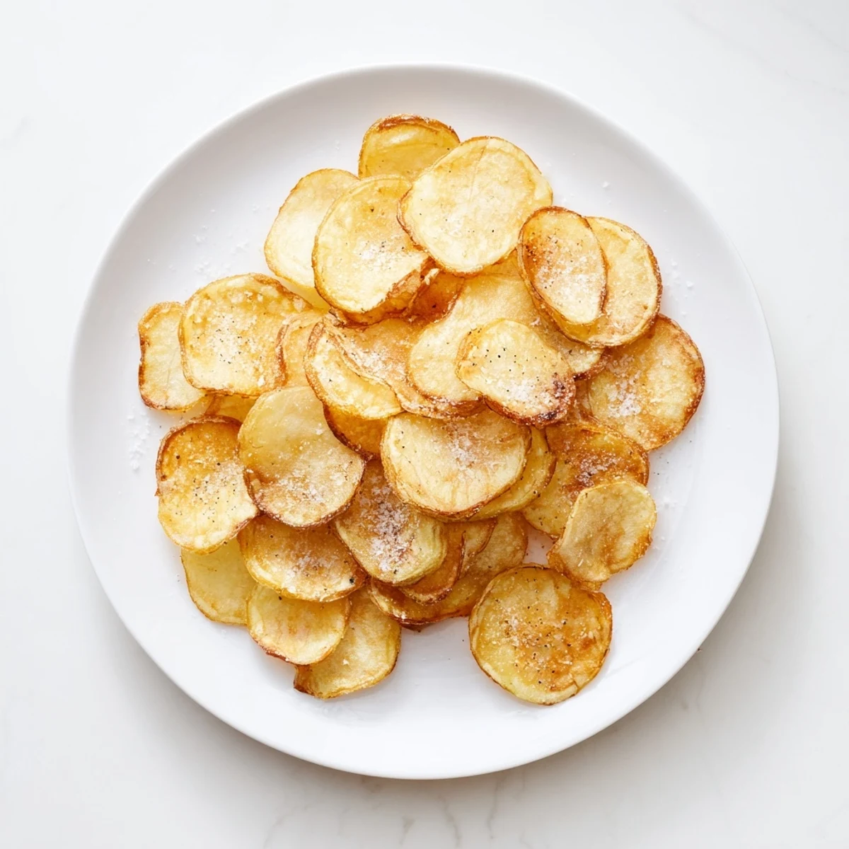 Close up of ultra crispy homemade potato chips stacked with visible golden texture