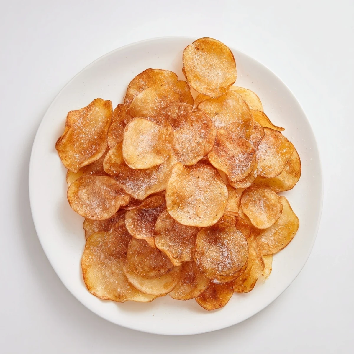 Bowl of freshly fried homemade potato chips seasoned with sea salt and pepper
