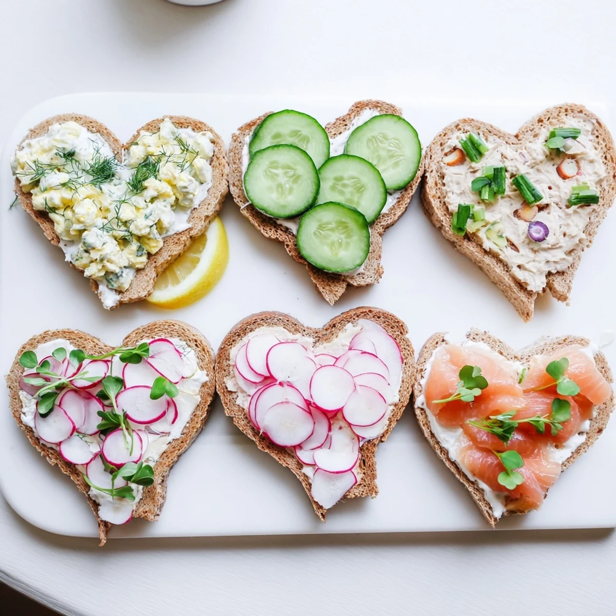 Elegant heart-shaped tea sandwich board arranged with cucumber, egg salad, and smoked salmon varieties for afternoon tea