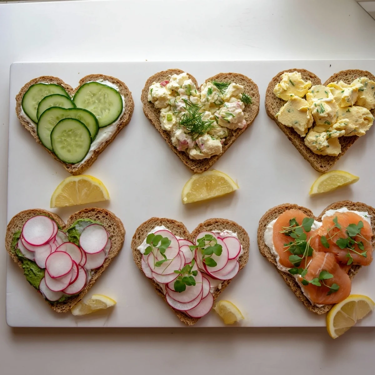 Wooden serving board displaying heart-shaped tea sandwiches garnished with fresh radishes, microgreens, and edible flowers