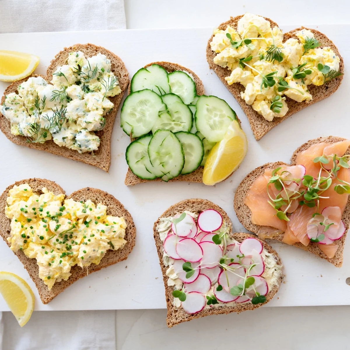 Charcuterie-style platter featuring assorted heart-shaped tea sandwiches with cream cheese, smoked salmon, and egg fillings