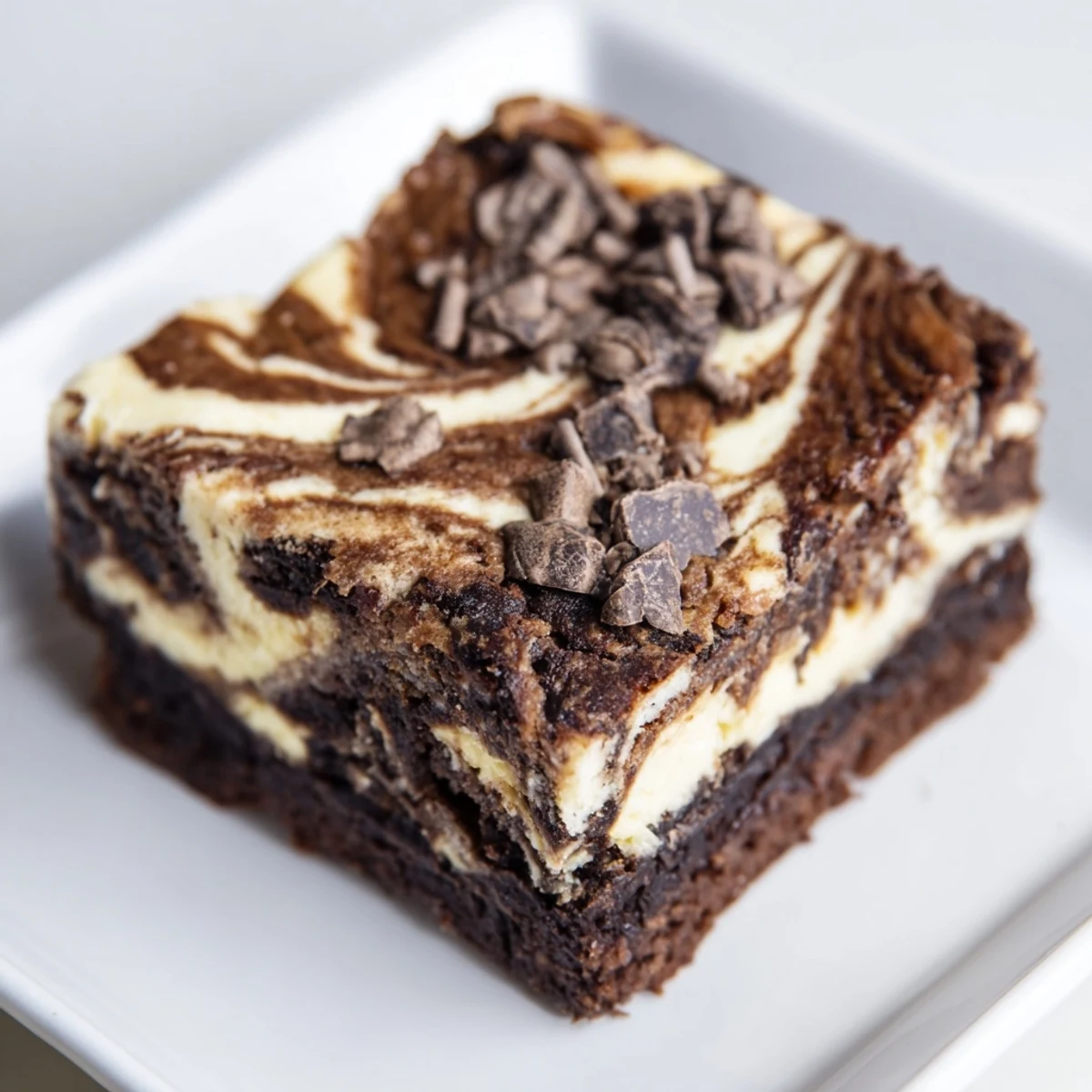 Decadent cheesecake swirled brownies cut into squares showing marbled cream cheese layers