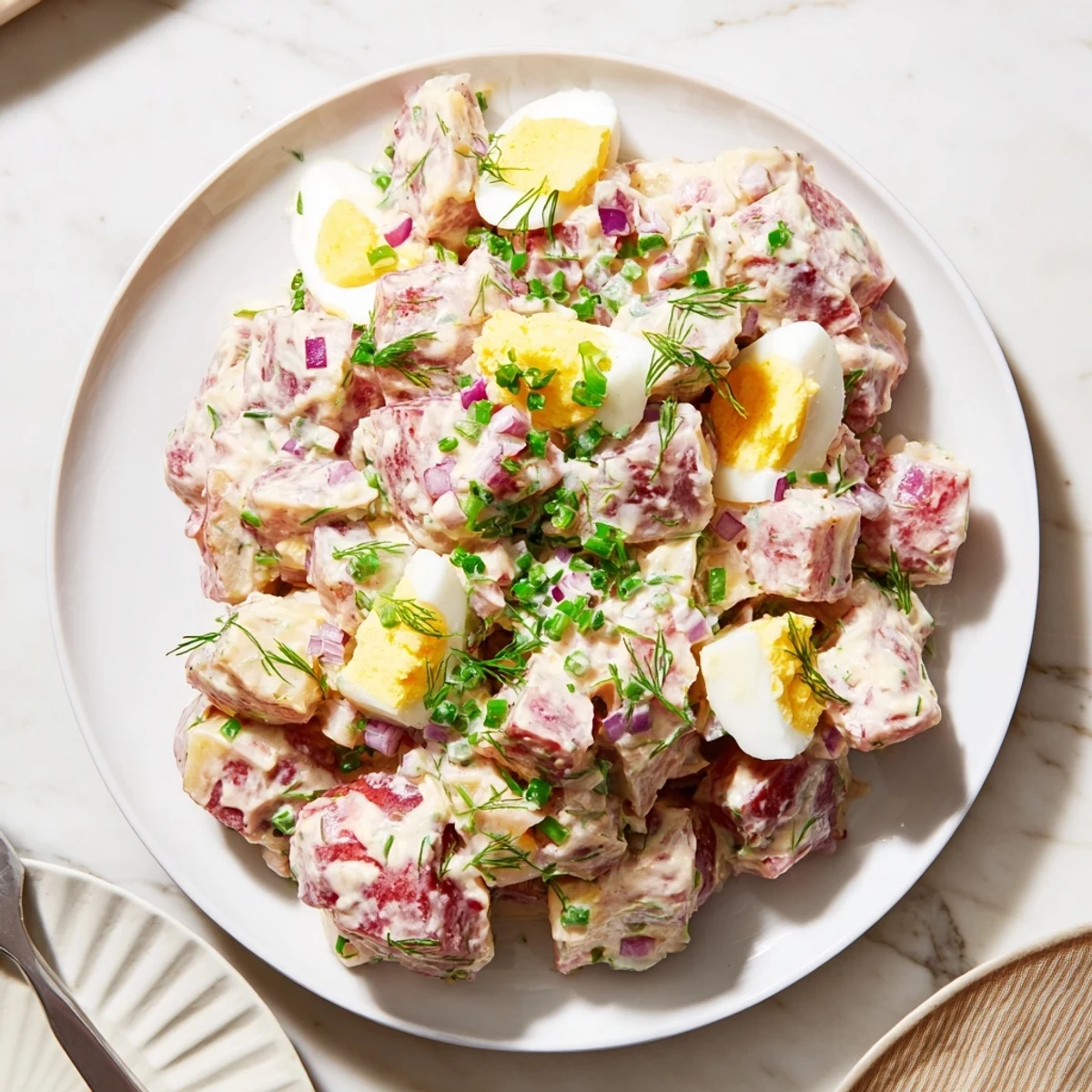 Creamy red potato salad with tender cubes, crisp celery, and fresh herbs in a bowl