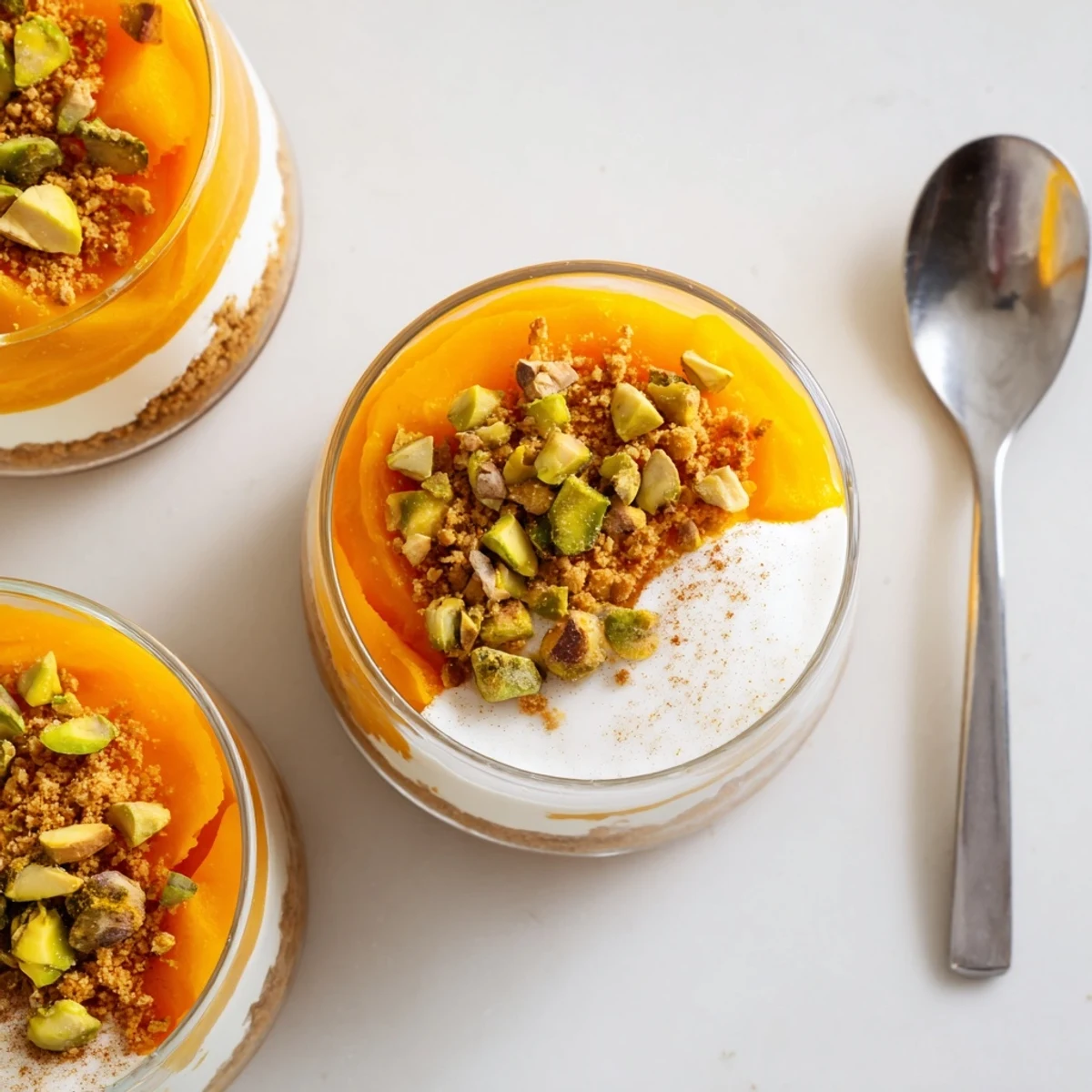 Glass of layered persimmon cheesecake topped with bright orange persimmon puree and crushed graham crust