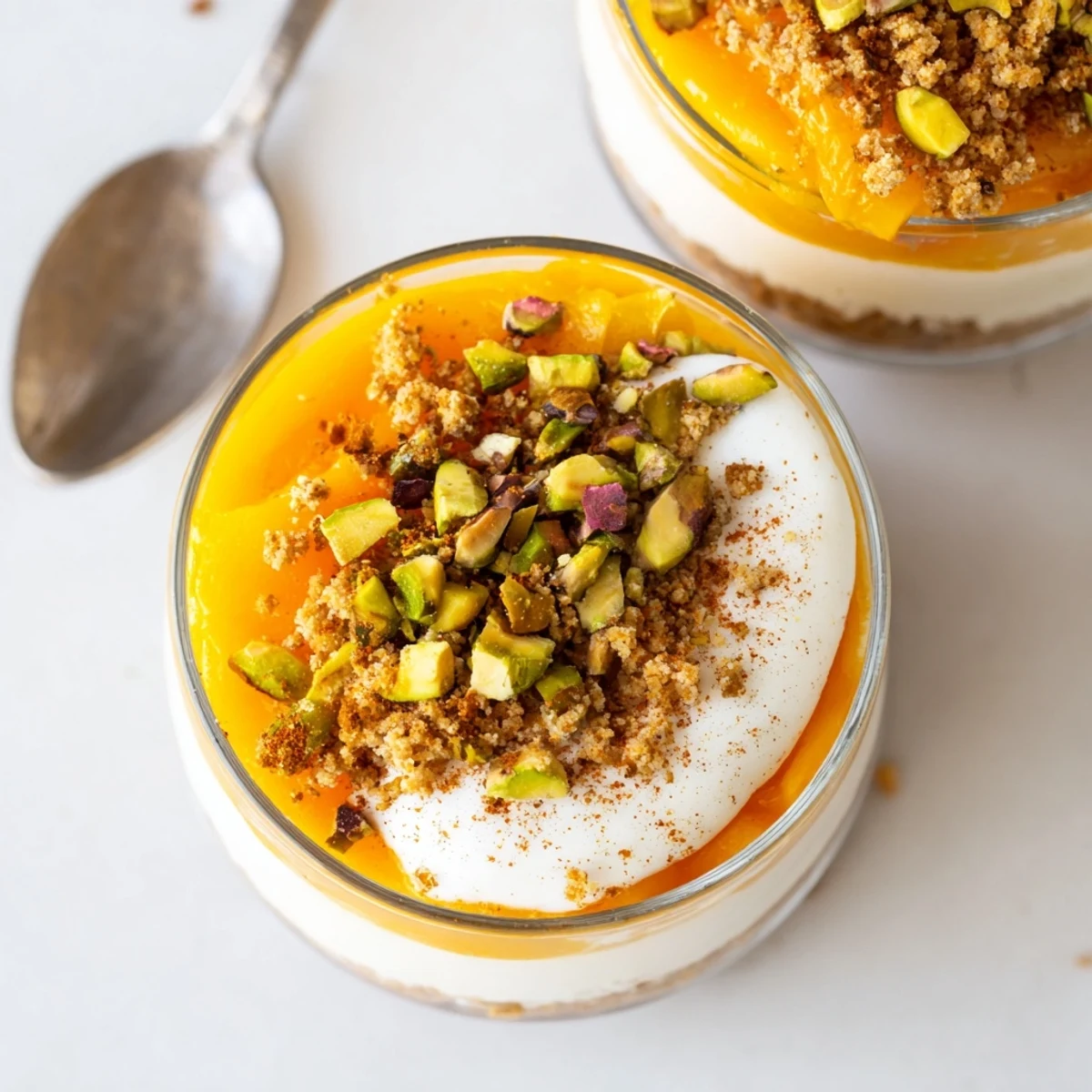 Vegan persimmon cheesecake in clear glass showing creamy white layer and sweet persimmon topping